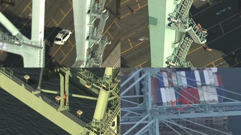 Rozebrał się na suwnicy i spadł na kontenerowiec. Szalony pościg w Porcie Los Angeles (wideo) - GospodarkaMorska.pl