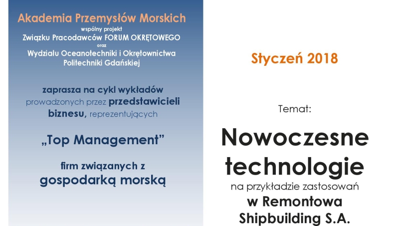 Pierwsze w tym roku spotkanie w ramach Akademii Przemysłów Morskich zainauguruje Remontowa Shipbuilding - GospodarkaMorska.pl