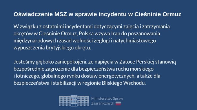 MSZ: Polska wzywa Iran do natychmiastowego wypuszczenia brytyjskiego okrętu - GospodarkaMorska.pl