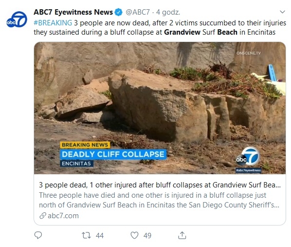 USA: Zawalił się klif na popularnej plaży w Kalifornii, trzy osoby nie żyją (wideo) - GospodarkaMorska.pl