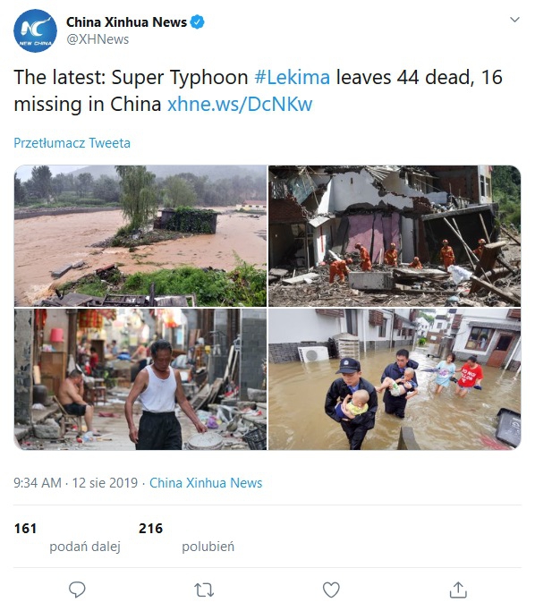 Chiny: Już 44 ofiary śmiertelne tajfunu Lekima - GospodarkaMorska.pl