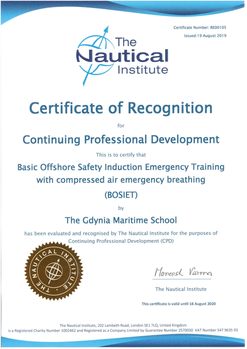 Szkoła Morska w Gdyni uzyskała „certificate of recognition” BOSIET - GospodarkaMorska.pl
