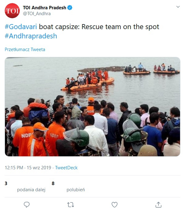 Wypadek na rzece Godawari w Indiach, uratowano 14 osób z 63 płynących - GospodarkaMorska.pl