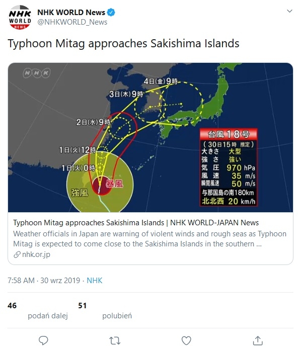 Tajwan: Zbliża się tajfun Mitag, zamknięto szkoły i biura - GospodarkaMorska.pl