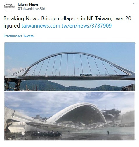 Zawalił się most nad zatoką na wschodzie Tajwanu. 10 osób rannych, są zaginieni (wideo) - GospodarkaMorska.pl