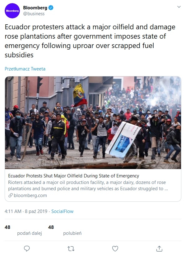 W Ekwadorze przez protesty wstrzymano prace na trzech polach naftowych - GospodarkaMorska.pl