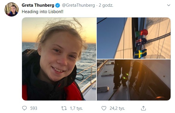 Katamaran z Gretą Thunberg zawinął do portu w Lizbonie - GospodarkaMorska.pl