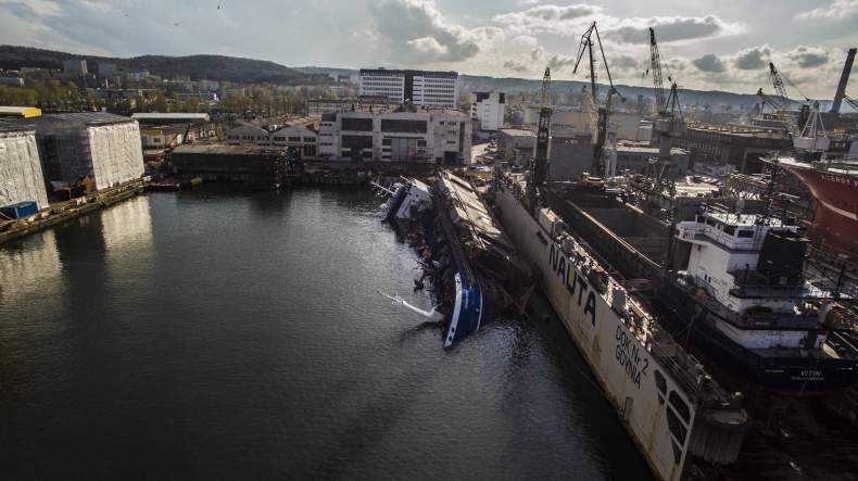 Wypadek w Stoczni Remontowej Nauta. Przychylił się i częściowo zatonął dok ze statkiem - GospodarkaMorska.pl