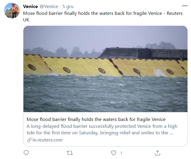 System zapór w Wenecji jednak zadziałał, miasto uratowane przed wysoką wodą - GospodarkaMorska.pl