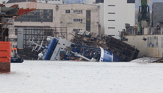 Wypadek w Stoczni Remontowej Nauta. Przychylił się i częściowo zatonął dok ze statkiem-GospodarkaMorska.pl