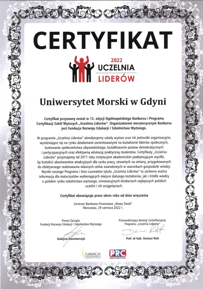 Uniwersytet Morski laureatem konkursu Uczelnia Liderów 2022-GospodarkaMorska.pl